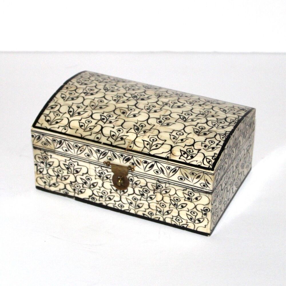 Foreside Bone Inlay Wood Box black white hand painted floral India